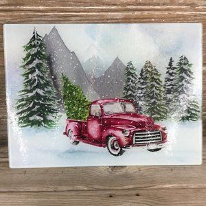 Vintage Red Truck Glass Cutting Board, Winter Decor, Christmas Cutting Board